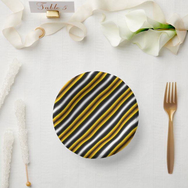 Yellow Black White Rainbow Stripes Paper Plate (Wedding)