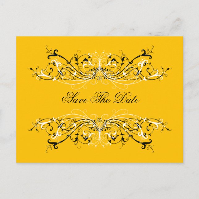 Yellow Black White Swirls Save The Date Announcement Postcard (Front)
