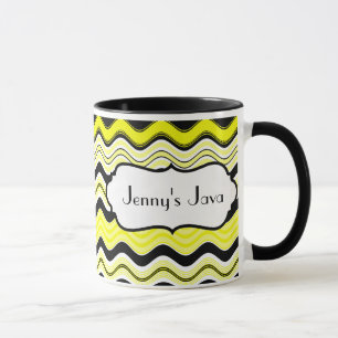 Yellow, Black, White Wavy Stripes Personalized Mug