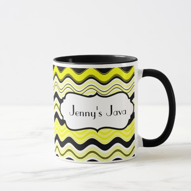 Yellow, Black, White Wavy Stripes Personalized Mug (Right)