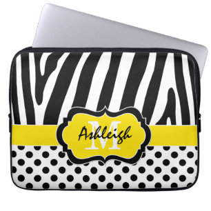 Yellow Black Zebra Stripes Polka Dots Laptop Case