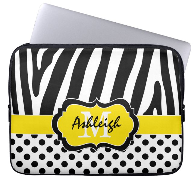 Yellow Black Zebra Stripes Polka Dots Laptop Case (Front)