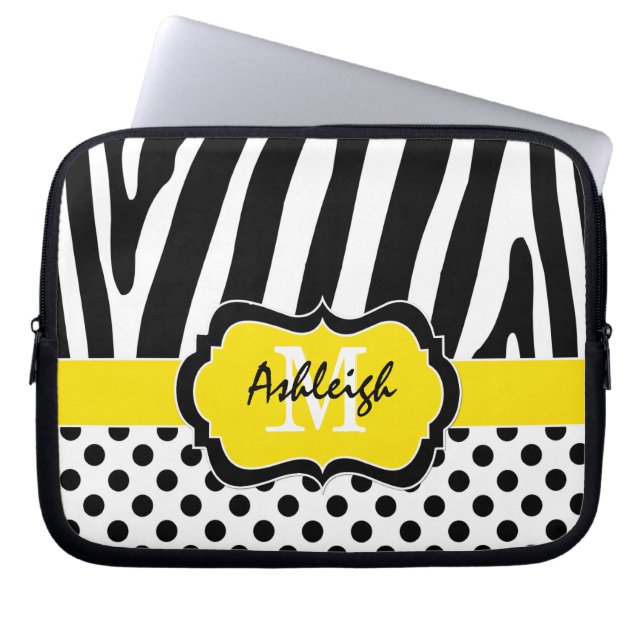Yellow Black Zebra Stripes Polka Dots Laptop Case (Front)