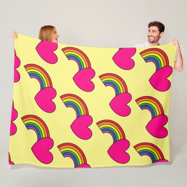 Yellow Blanket With Rainbows and Hot Pink Hearts (In Situ)