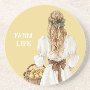Yellow Blonde Basket of Chicks (chickens) Farm Coaster