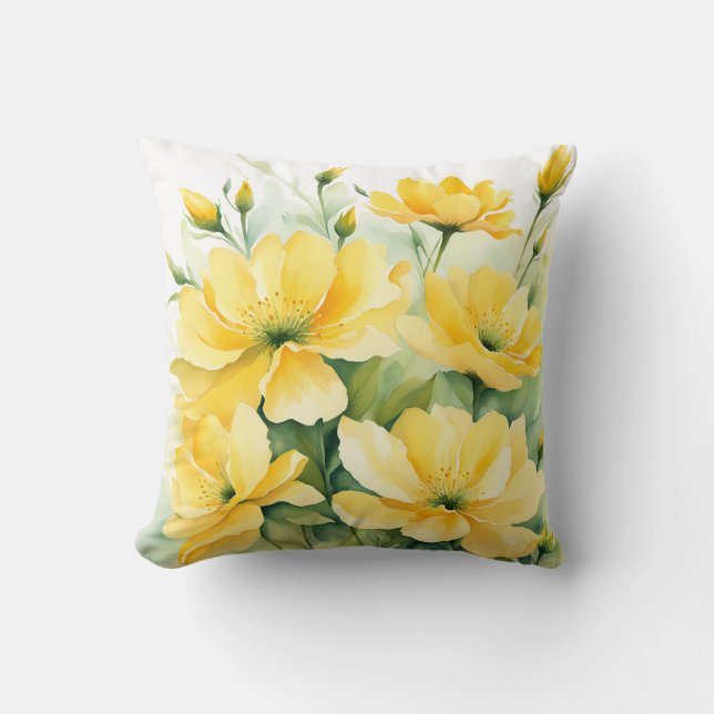 Yellow Blooms Watercolor Floral Throw Pillow (Front)