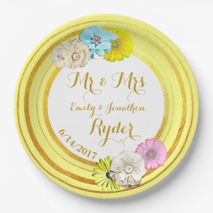 Yellow, Blue  and Gold Floral Wedding Paper Plates
