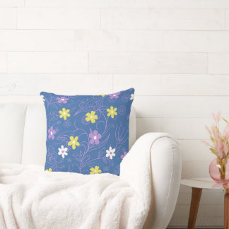 Yellow, Blue and White Daisy Throw Pillow