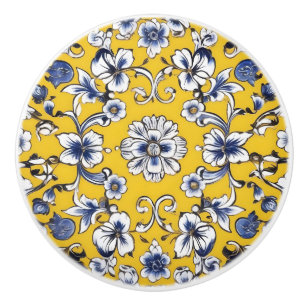 Yellow, Blue and White Floral Custom Ceramic Knob