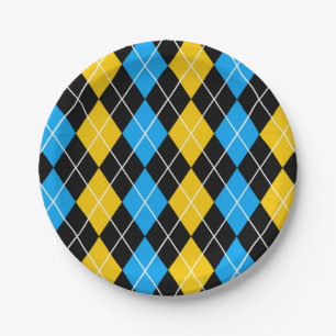 Yellow Blue Black Argyle Diamond Design Paper Plate