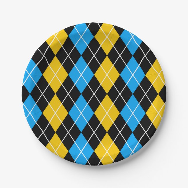 Yellow Blue Black Argyle Diamond Design  Paper Plate (Front)