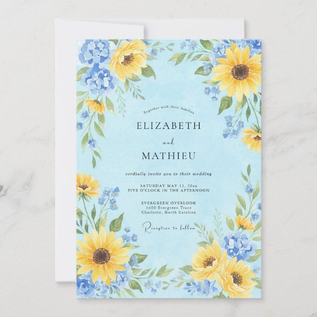 Yellow Blue Botanical Bloom Wedding Invitation (Front)