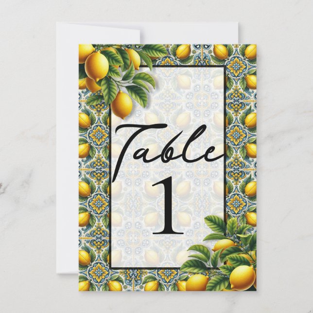 Yellow Blue Capri Lemon Mediterranean Table Number (Front)