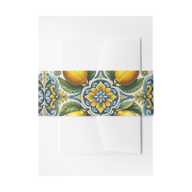 Yellow Blue Capri Lemon Mediterranean Tile Wedding Invitation Belly Band (Front Example)