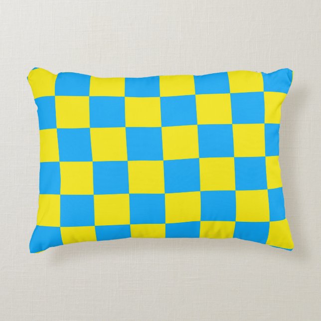 Yellow Blue Chequered Check Pattern Accent Pillow (Front)