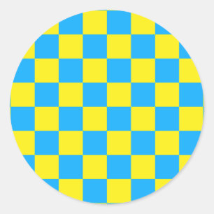 Yellow Blue Chequered Check Pattern Classic Round Sticker