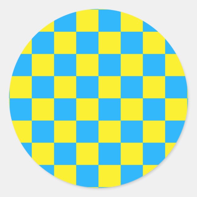 Yellow Blue Chequered Check Pattern Classic Round Sticker (Front)