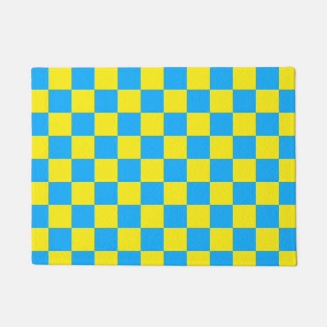 Yellow Blue Chequered Check Pattern Doormat (Front)