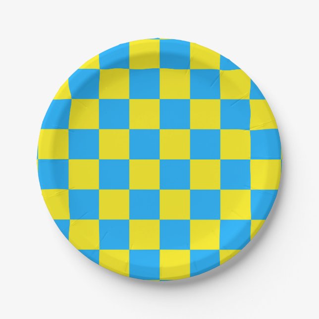 Yellow Blue Chequered Check Pattern Paper Plate (Front)