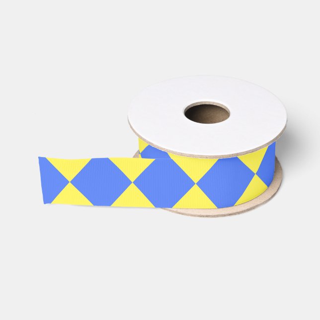 Yellow Blue Chequered Diamond Pattern Grosgrain Ribbon (Spool)