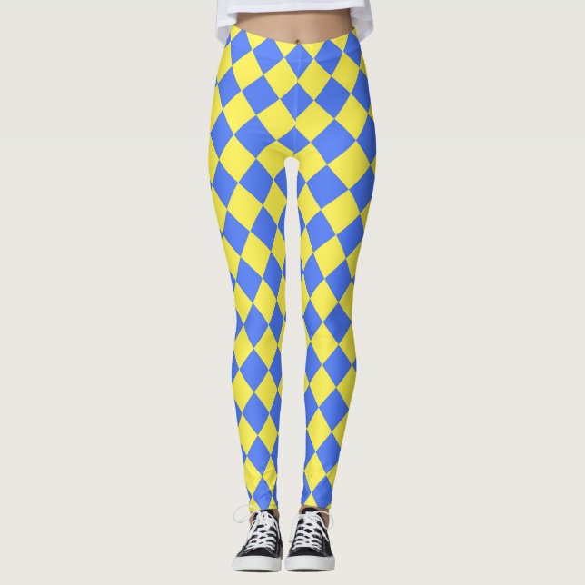 Yellow Blue Chequered Diamond Pattern  Leggings (Front)