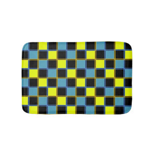 Yellow blue chequered geometric pattern  bath mat