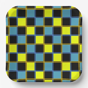 Yellow blue chequered geometric pattern  paper plate