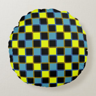 Yellow blue chequered geometric pattern round pillow