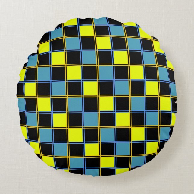 Yellow blue chequered geometric pattern  round pillow (Front)