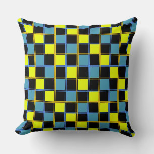 Yellow blue chequered geometric pattern throw pillow