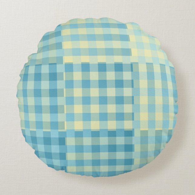 Yellow Blue Chequered Patchwork Pattern Round Pillow (Front)