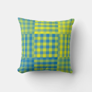 Yellow Blue Chequered Patchwork Pattern Throw Pillow