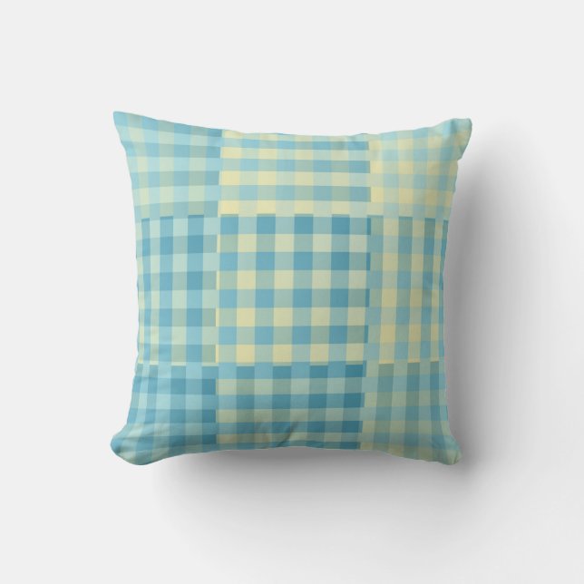 Yellow Blue Chequered Patchwork Pattern Throw Pillow (Front)