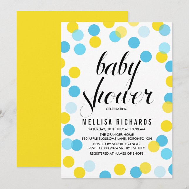 Yellow & Blue Confetti Polka Dots Baby Shower Invitation (Front/Back)