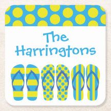 Yellow Blue Flip Flops Personalized Paper Coasters