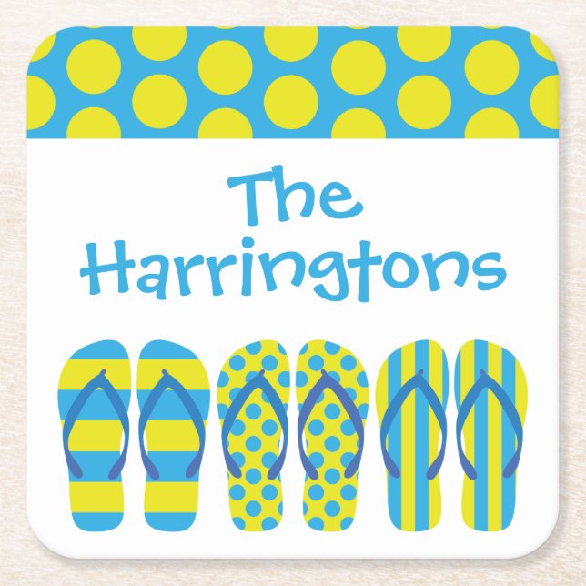 Yellow Blue Flip Flops Personalized Paper Coasters (Front)