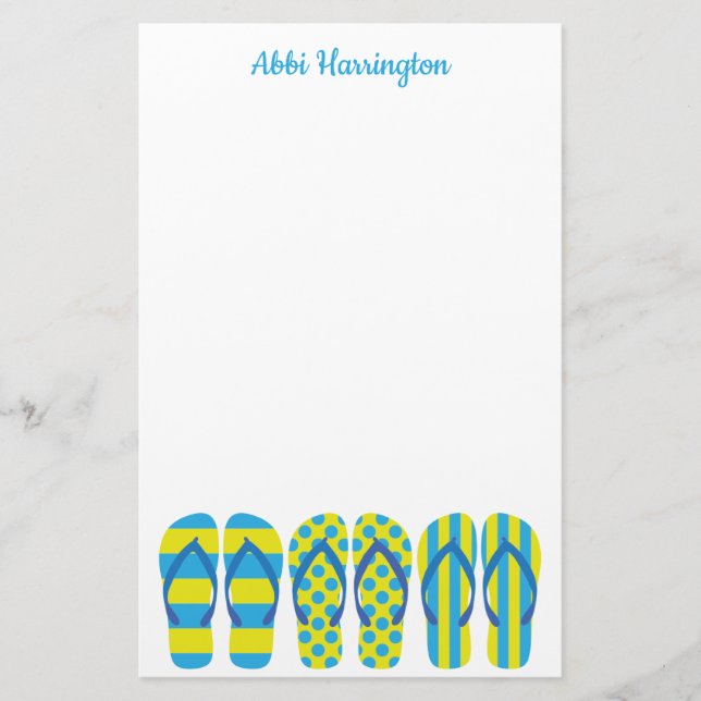 Yellow & Blue Flip Flops Personalized Stationery (Front)