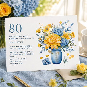 Yellow Blue Floral Cottage Garden 80th Birthday Invitation
