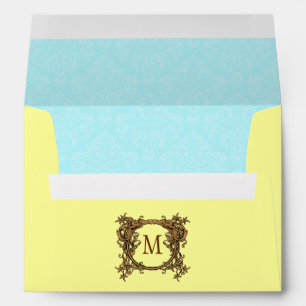 Yellow Blue Floral Crest Damask Monogram Envelope