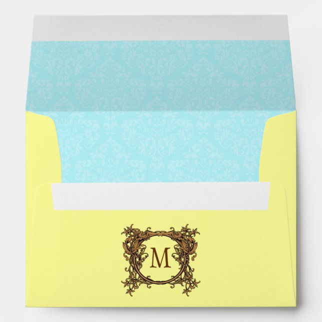 Yellow Blue Floral Crest Damask Monogram Envelope (Back (Bottom))
