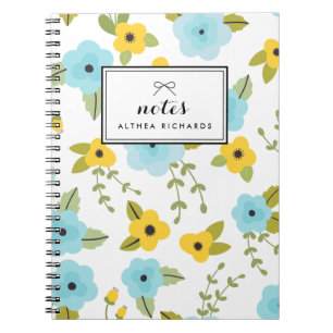 Yellow & Blue Floral Pattern Personalized Notebook