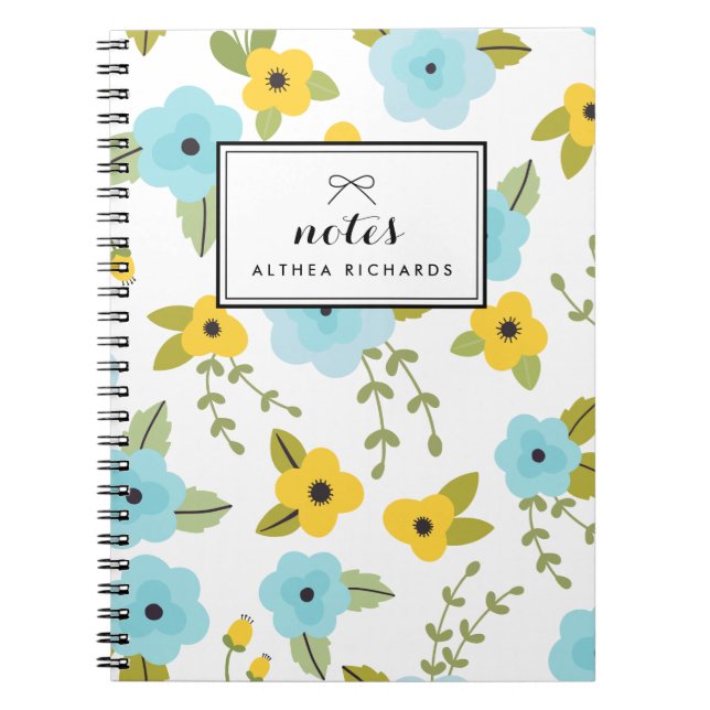 Yellow & Blue Floral Pattern Personalized Notebook (Front)