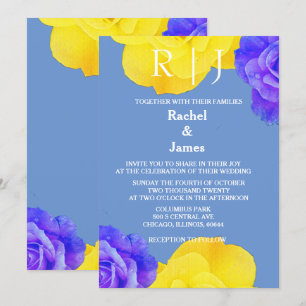 Yellow Blue Floral Rose Flowers Elegant Wedding Invitation