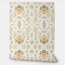 Yellow Blue Floral Wallpaper - Botanical Pattern