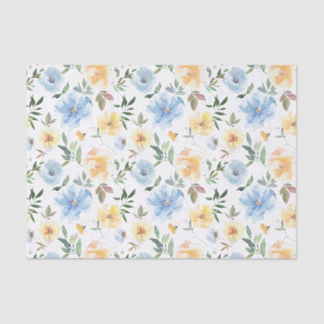 Yellow Blue Floral Watercolor Decoupage Tissue Paper (Front)