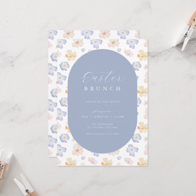 Yellow Blue Flower Easter Brunch Invitation (Front/Back In Situ)