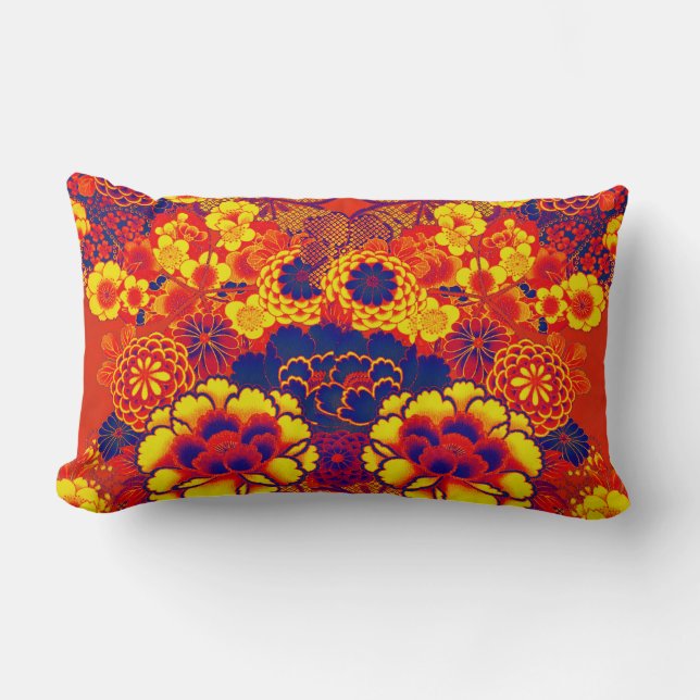 YELLOW BLUE FLOWERS Peony,Roses Japanese Floral Lumbar Pillow (Front)