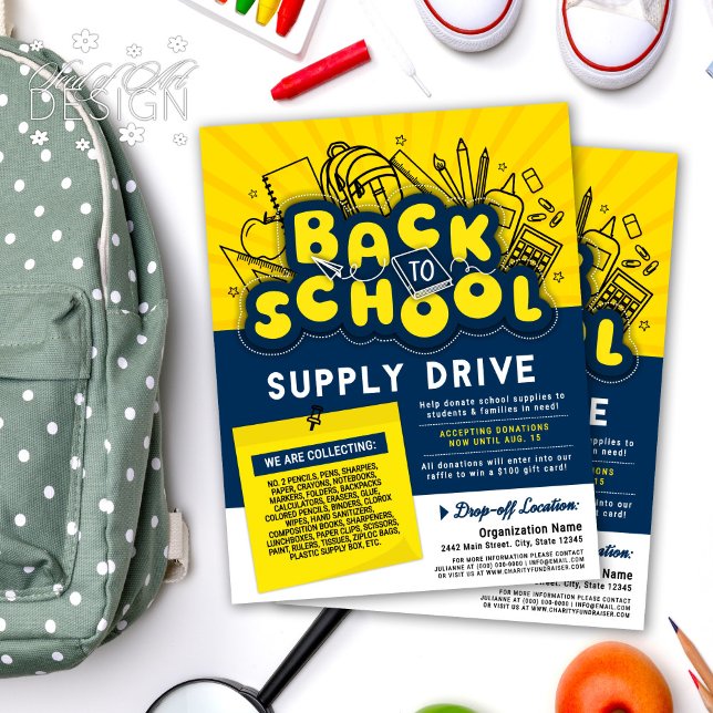 Yellow & Blue Fun Back To School Supply Drive Ad Flyer (Creator Uploaded)