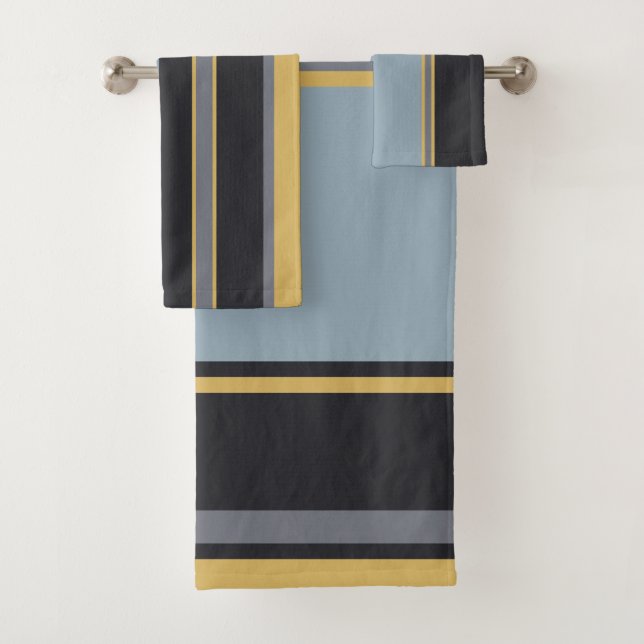 Yellow, Blue-grey and grey Stripes    Bath Towel Set (Insitu)