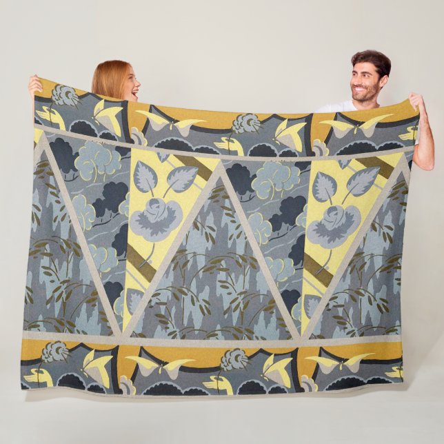 YELLOW BLUE GREY FLOWERS, BUTTERFLIES BOLD FLORAL FLEECE BLANKET (In Situ)